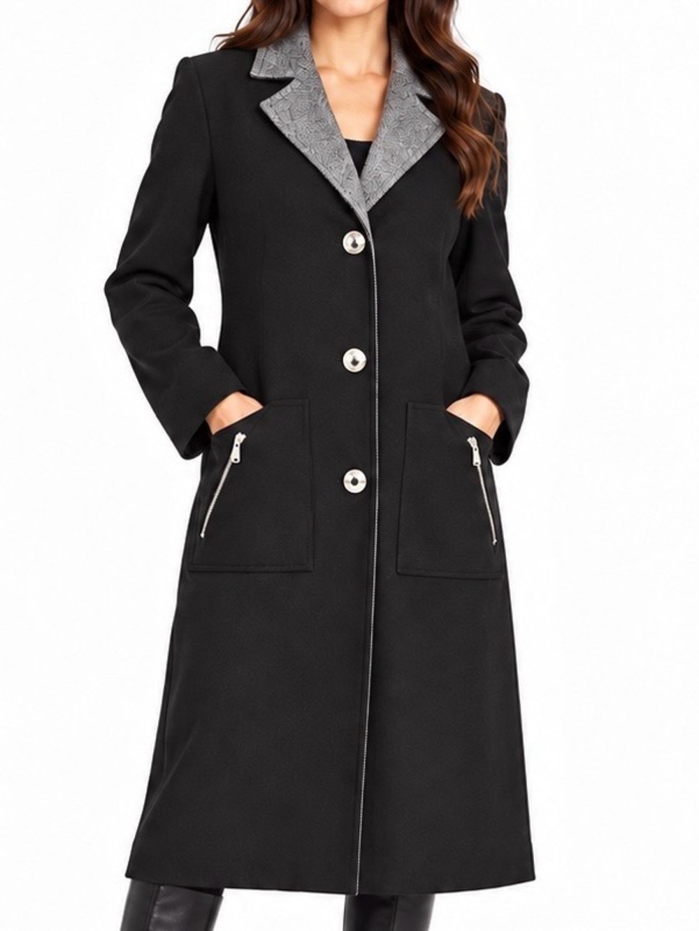 Michael Michael Kors Black Long Coat Tweed Collar Zip Pocket Y2K Mod Medium